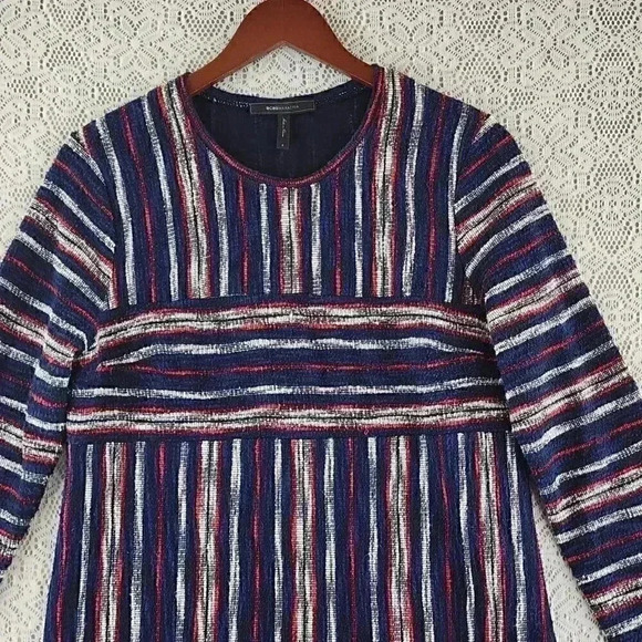 BCBGMaxazria Striped Fringe Long Sleeve Knit Sweater Shift Dress S - Picture 3 of 9